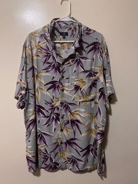 George Men's Light Gray Floral Button-Up Shirt with Purple and Gold Leaves 0055
